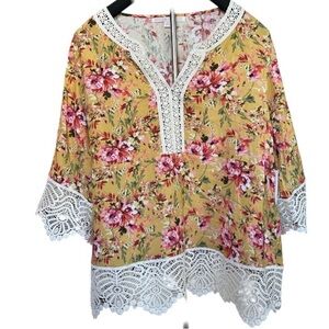 STELLA + GINGER Floral Lace Trim Boho Blouse Size M NWT Mustard Pink Cottagecore